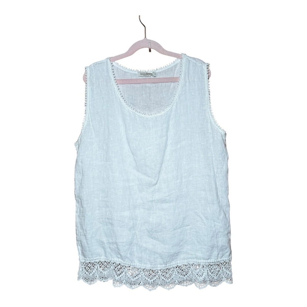 LAURA BIANCHI Made in Italy White 100% Linen Sleeveless Lace Trim Top Size S